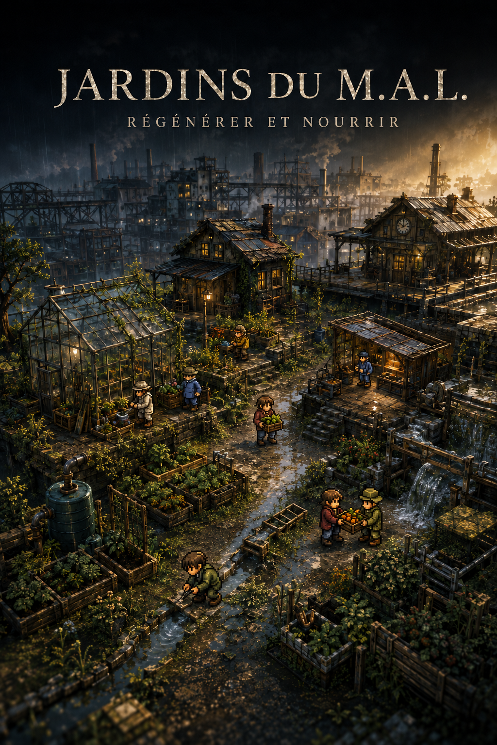 The Gardens of M.A.L depicted as an HD-2D permaculture simulation.