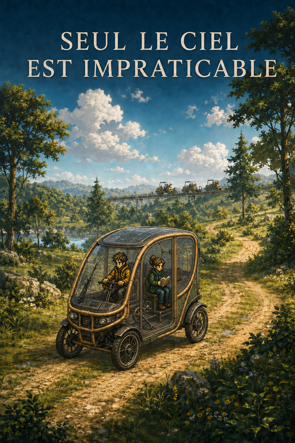 Marc and Hannah travel in a four-wheeled electric cycle while a TrainLi crosses the landscape in the distance.